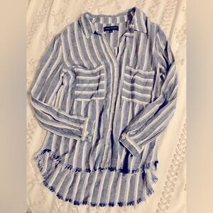 Catherine Maladrino Striped Deep V-Neck Button-Up Shirt Linen/Rayon Blend Sz S